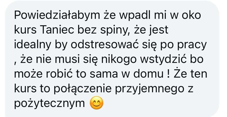Opinia o kursie Taniec bez spiny jako idealnym sposobie na odstresowanie po pracy.